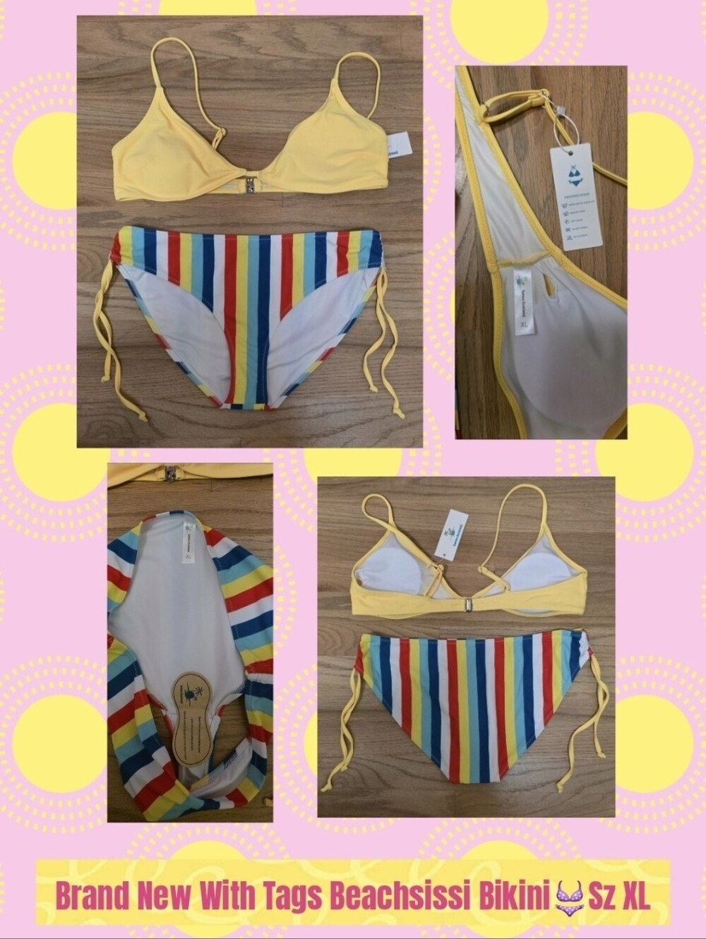 Beachsissi Women's Yellow Triangle Bikini Top with Rainbow Stripe Bottom - XL